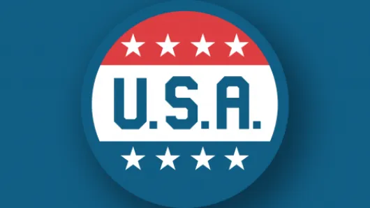 Circle with red, white, and blue stripes; stars; and the the letters U S A