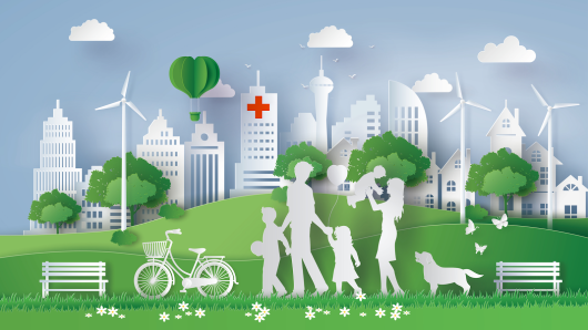 Family walking in green park with city landscape in the background